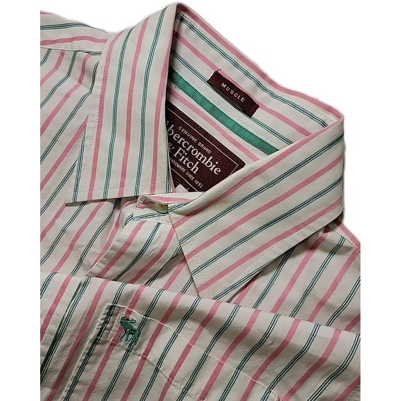 Abercrombie‎ & Fitch Muscle Shirt Men Large Button LS Green Pink WHITE Striped - Picture 1 of 8